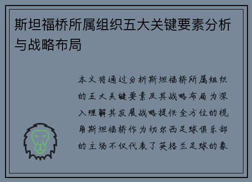 斯坦福桥所属组织五大关键要素分析与战略布局