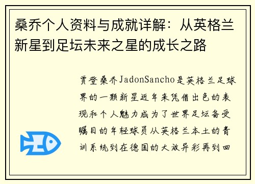 桑乔个人资料与成就详解：从英格兰新星到足坛未来之星的成长之路