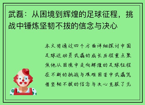 武磊：从困境到辉煌的足球征程，挑战中锤炼坚韧不拔的信念与决心