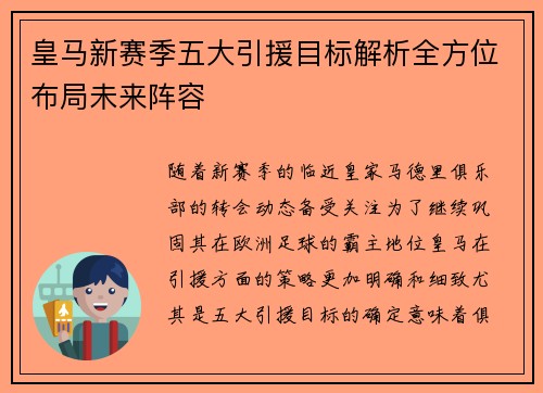 皇马新赛季五大引援目标解析全方位布局未来阵容