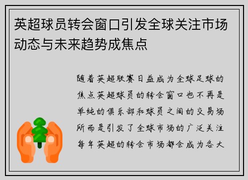 英超球员转会窗口引发全球关注市场动态与未来趋势成焦点