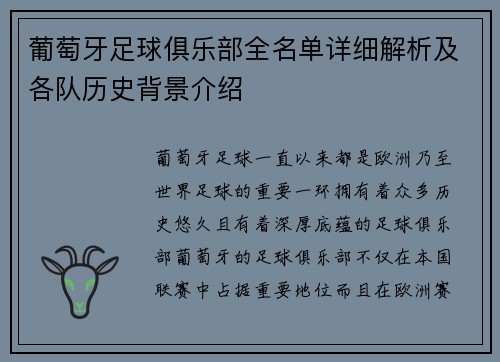 葡萄牙足球俱乐部全名单详细解析及各队历史背景介绍
