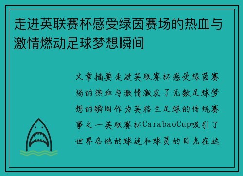 走进英联赛杯感受绿茵赛场的热血与激情燃动足球梦想瞬间